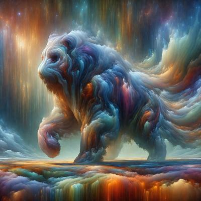 The primary subject of the image is a large, colorful, and abstract bear. The bear is standing on a cloudy surface, which adds to the overall atmosphere of the scene. The visual style of the image is digital art, as it appears to be a painting or drawing created using digital tools. The colors and mood of the image are vibrant and lively, with a mix of warm and cool tones that create a sense of movement and energy.